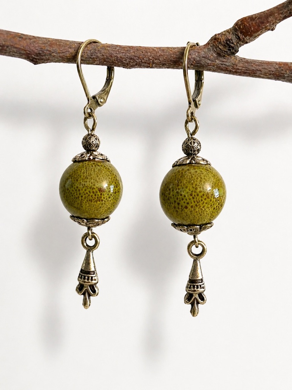 Antique Silver Green Ceramic Bead Dangle Earrings Boho